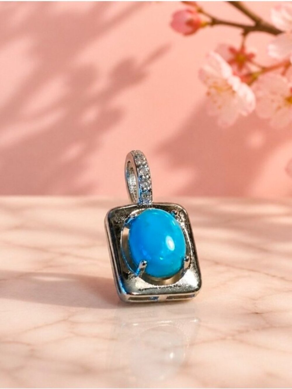 925 Sterling Siver Pendant 0.9x1.5cm With Natural Turquoise Gem &CZ
